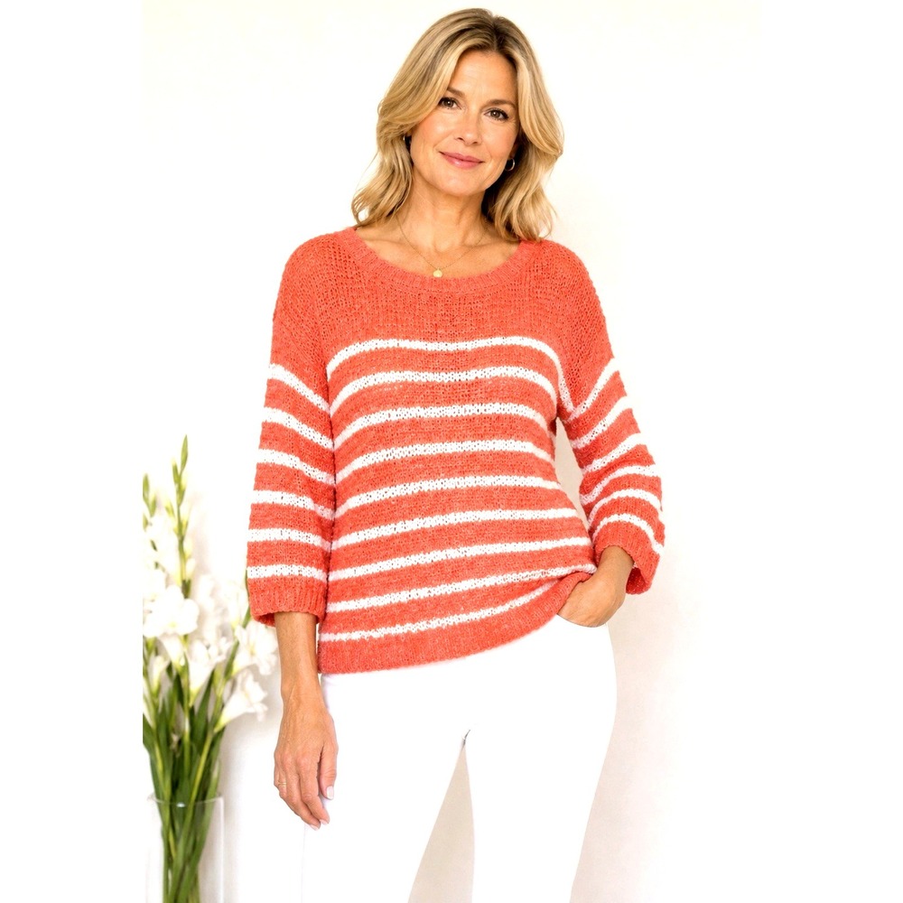NEW! Jones New York Sport Striped Ribbon Knit Sweater Coral SZ M Petite